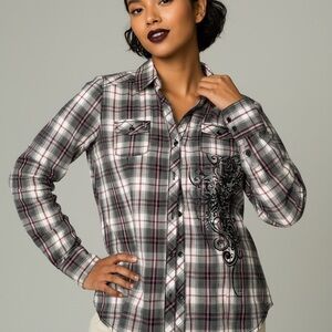 VTG Maurices Women Gray Multi Plaid Y2K Rhinestone Button Down Western Shirt M